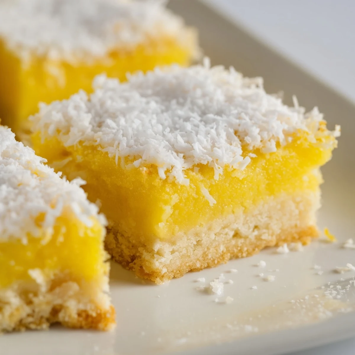 A close-up of Lemon Coconut Bars reveals a buttery shortbread base and tangy lemon layer with coconut shreds and a smoky vanilla twist.