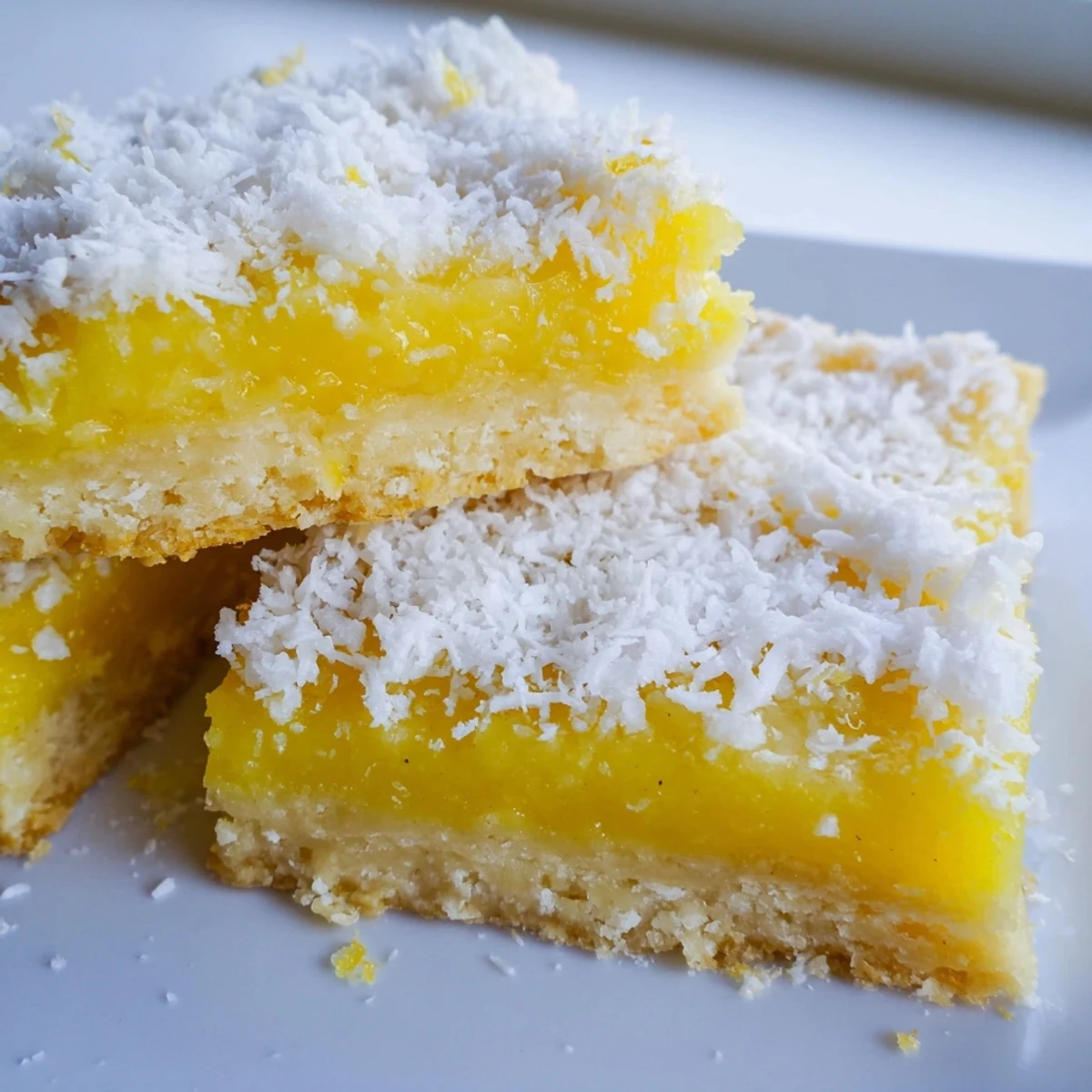 Lemon Coconut Bars, cut into neat squares, are served on a white plate with fresh berries and a dollop of whipped cream.