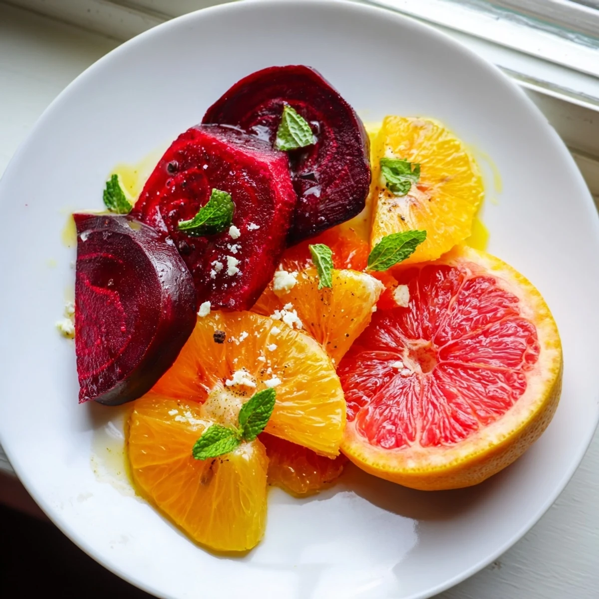 Roasted Beets and Citrus salad arranged on a white platter, featuring jewel-toned beet wedges and glistening citrus segments, drizzled with zesty vinaigrette.