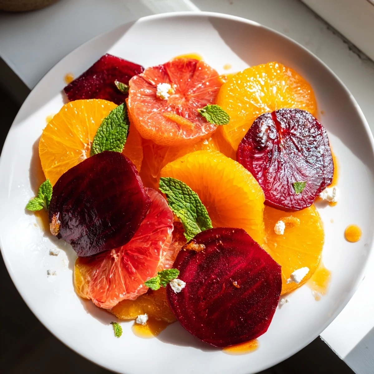 Overhead view of Roasted Beets and Citrus in a shallow bowl, topped with fresh mint leaves, crumbled feta, and toasted pistachios for crunch.