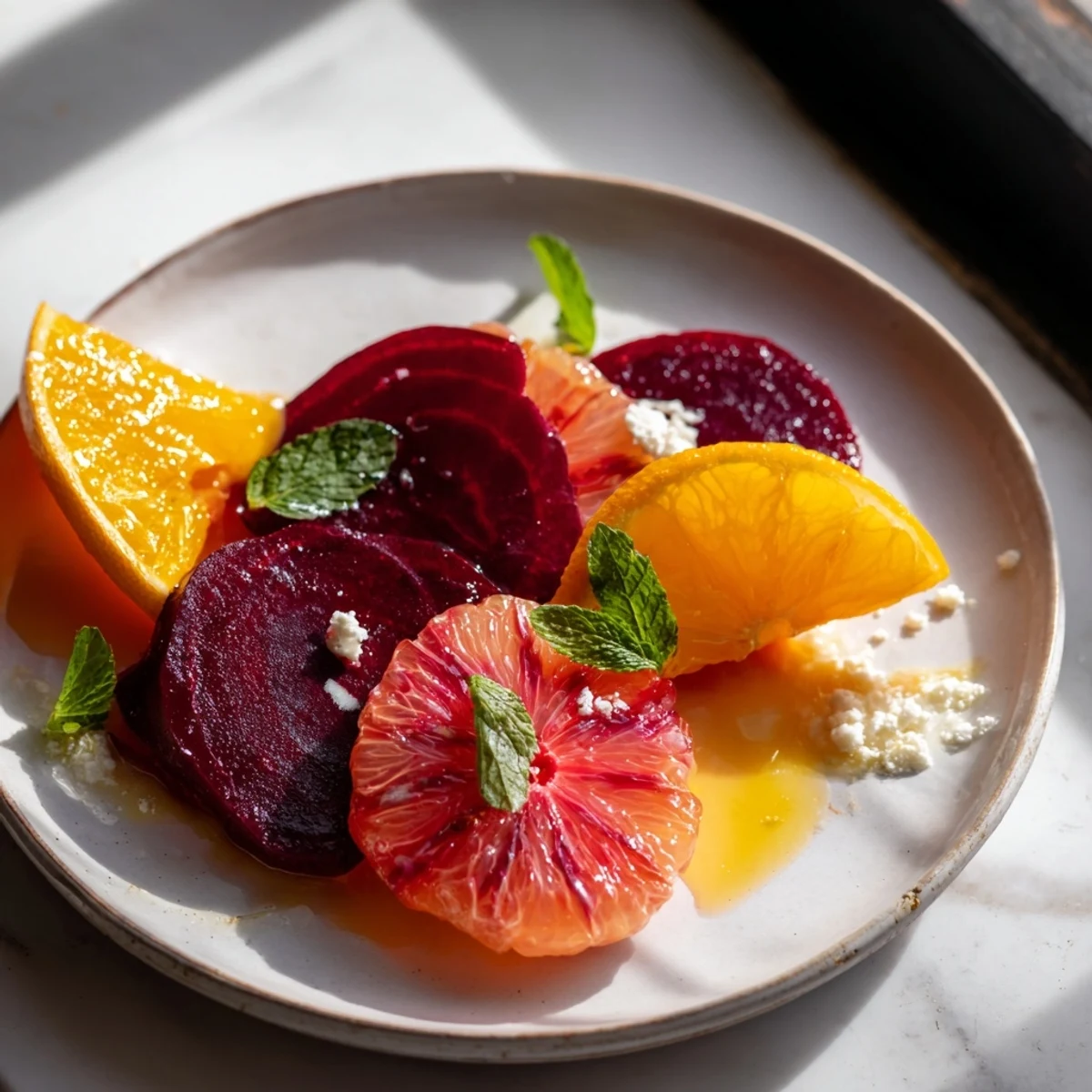 Close-up of Roasted Beets and Citrus showcasing glossy orange slices and ruby beets, with a small pitcher of dressing pouring over the salad.