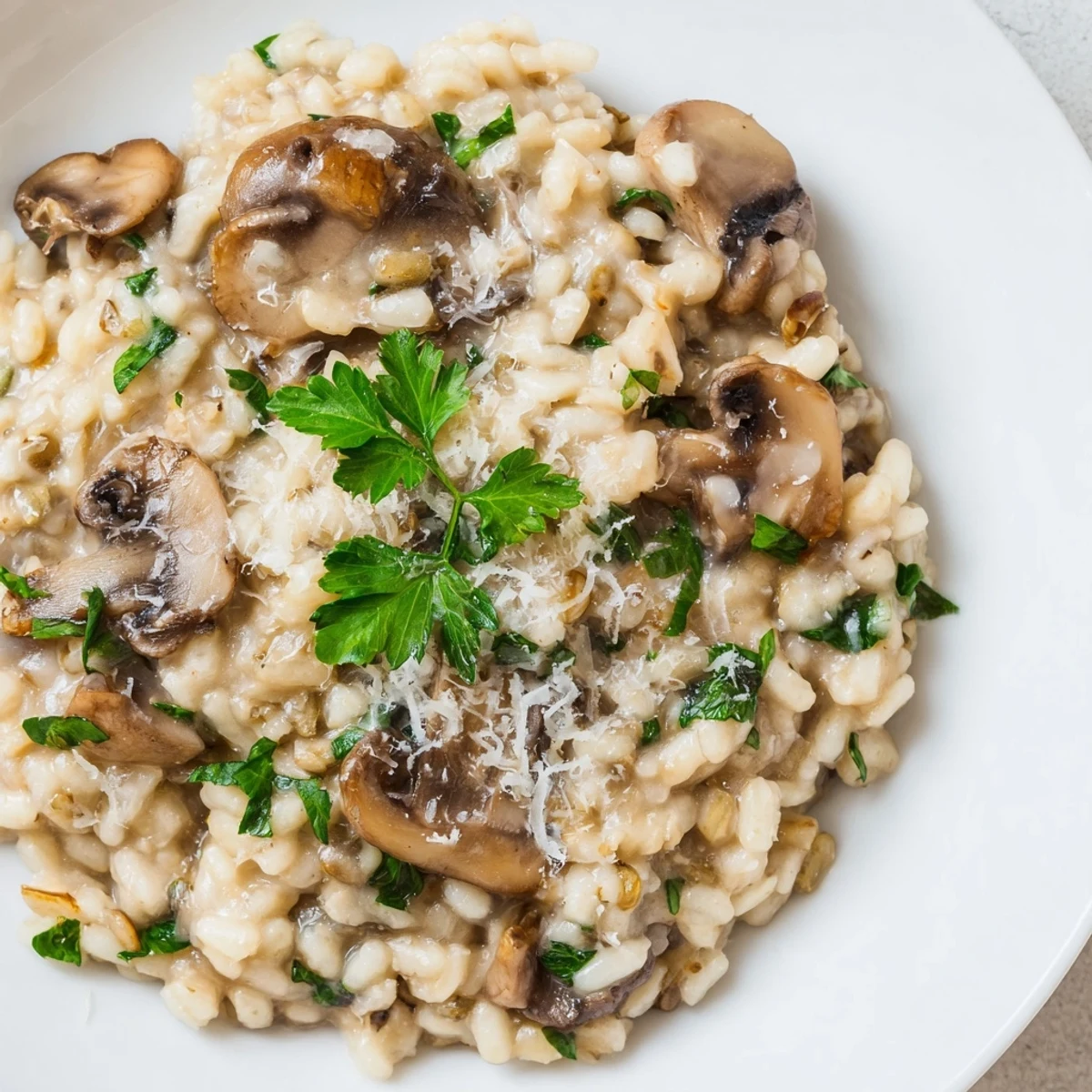 Creamy barley and mushroom risotto in a white bowl, garnished with fresh parsley and grated Parmesan, steam rising invitingly.