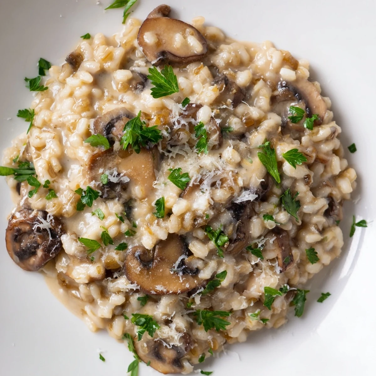 A rustic skillet of barley and mushroom risotto topped with sautéed mixed mushrooms and thyme, served with a crisp side salad.