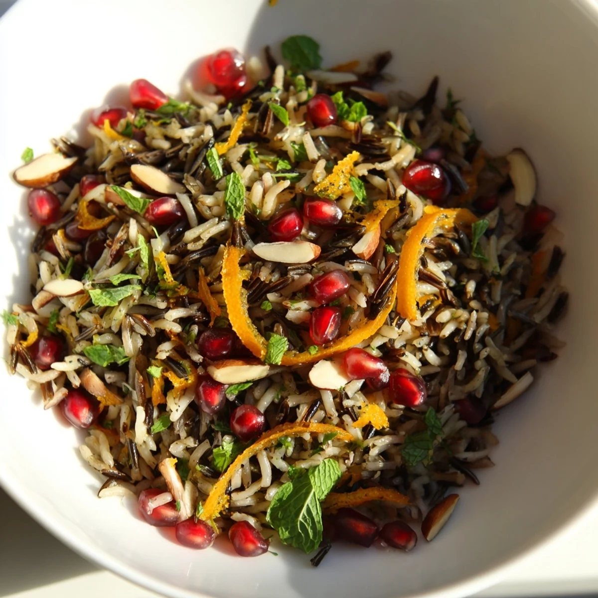 A vibrant bowl of Wild Citrus Bright Rice Pilaf garnished with fresh herbs and toasted almonds.