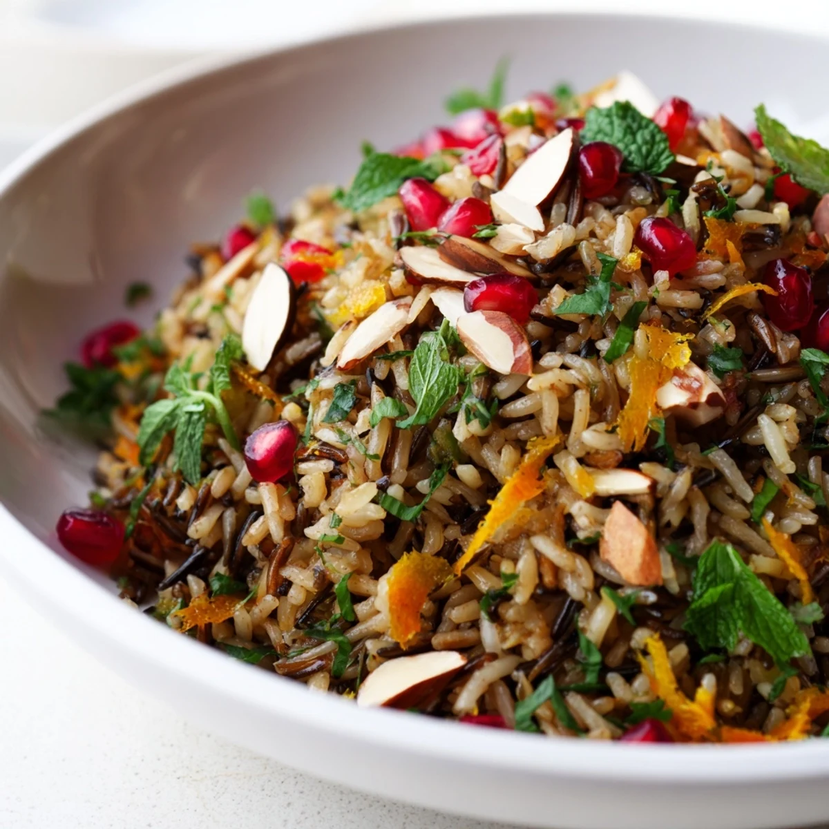 Wild Citrus Bright Rice Pilaf features fluffy grains, bright orange zest, and a sprinkle of pomegranate seeds.