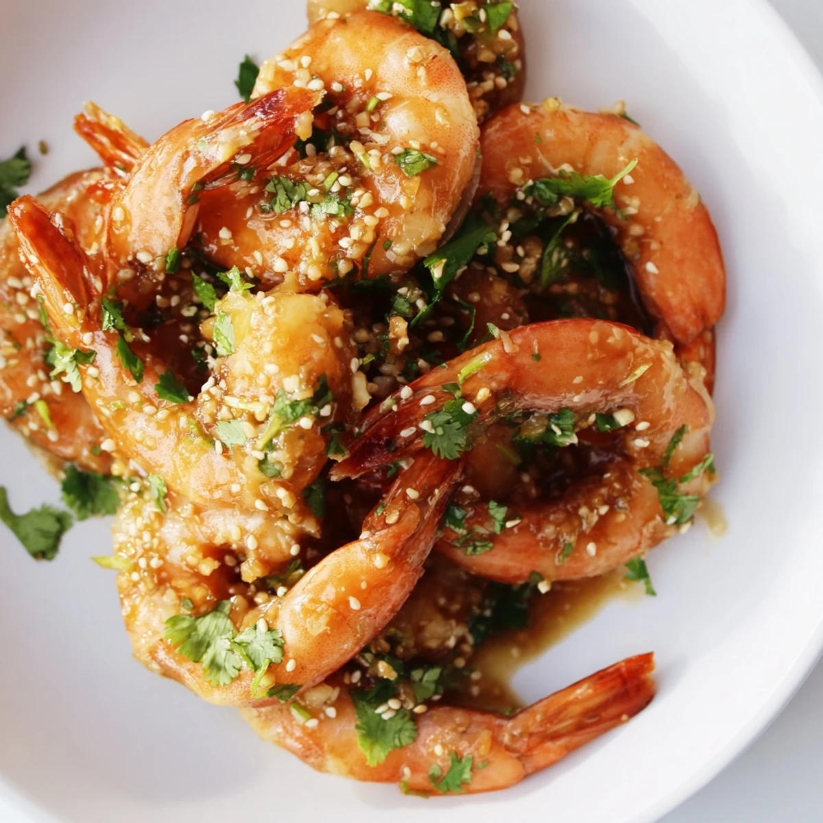 Close-up of tender Cilantro Lime Miso-Glazed Shrimp coated in sticky glaze, garnished with chopped cilantro and sesame seeds.  