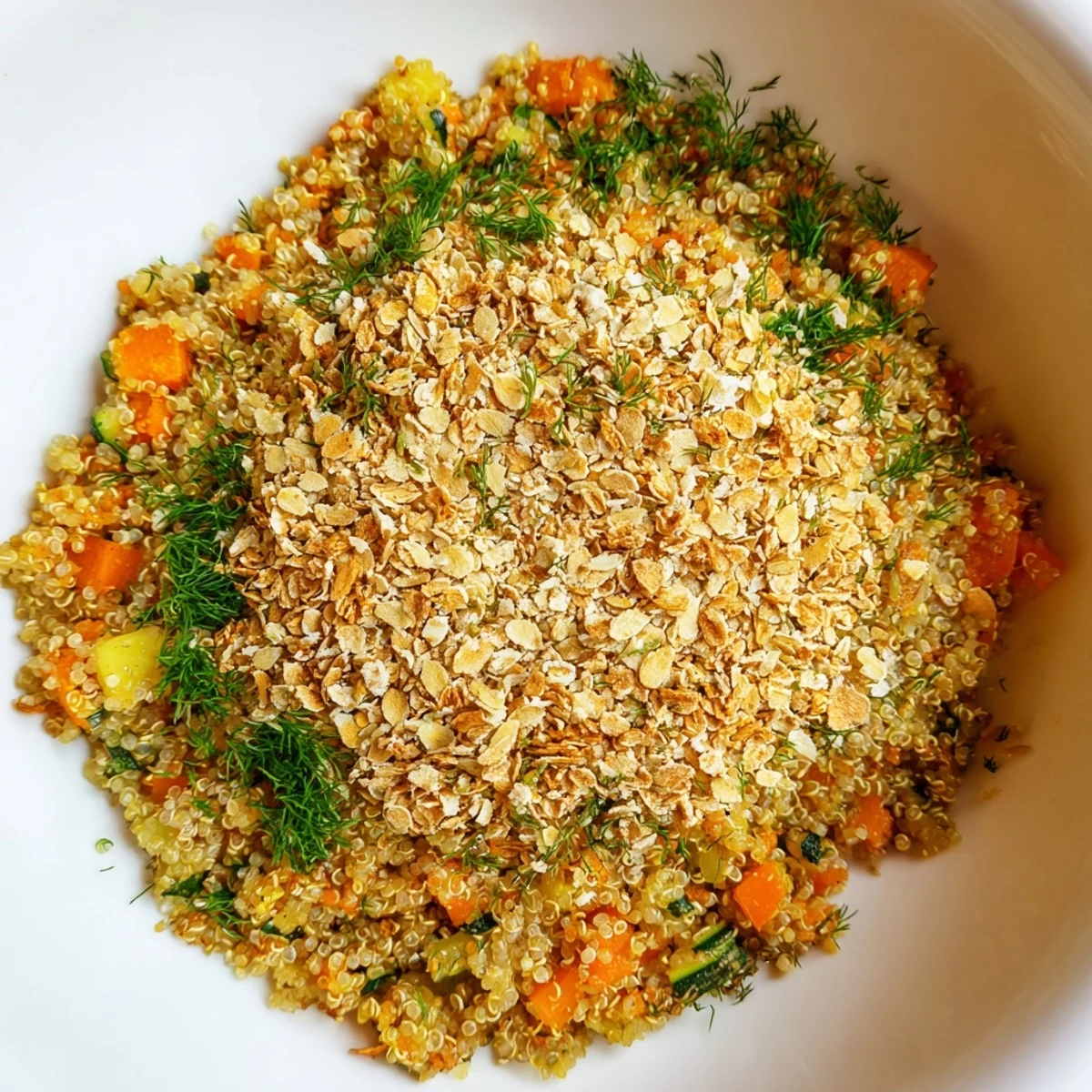 A warm serving of Quinoa Oat Topped and Herb Pilaf in a white bowl, showcasing fluffy grains mixed with diced carrots and zucchini, crowned with crispy, toasted oat topping and fresh green herbs.  