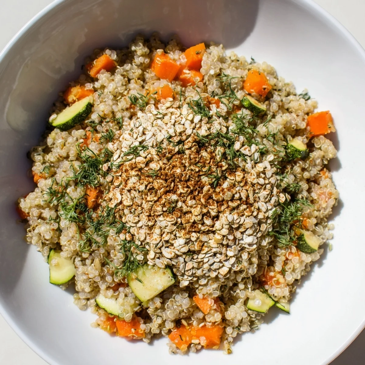 Platter of Quinoa Oat Topped and Herb Pilaf garnished with vibrant parsley, dill, and mint, perfect as a gluten-free vegetarian main dish or hearty side alongside grilled vegetables.  