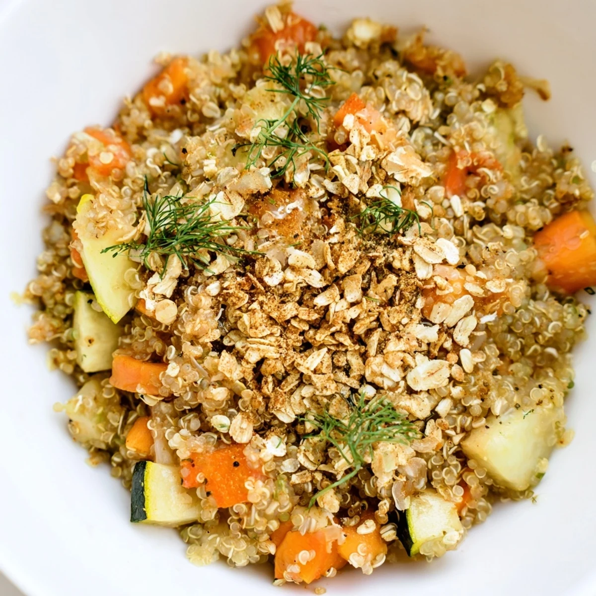 Close-up of a fork lifting a bite of Quinoa Oat Topped and Herb Pilaf, revealing the tender quinoa base and crunchy, paprika-dusted oat herb topping for a textural contrast.