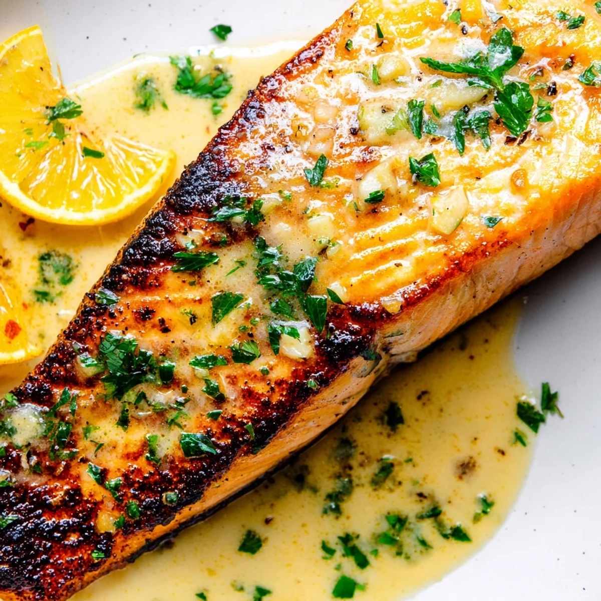 Golden-brown seared lemon salmon fillets resting on a plate, garnished with fresh parsley and lemon slices.  