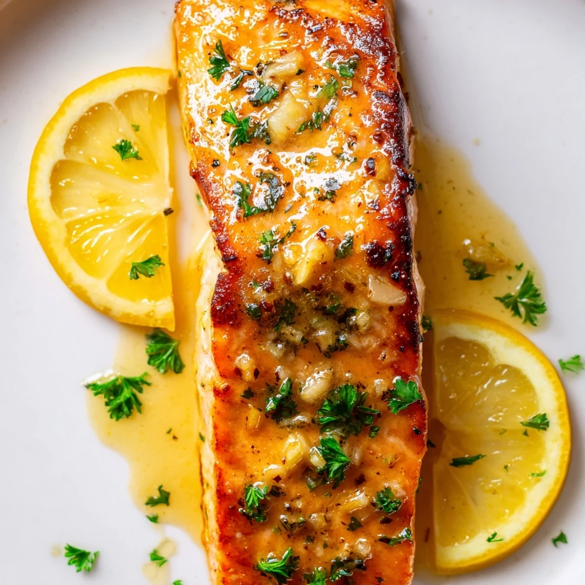 A close-up of a perfectly seared lemon salmon fillet, ready to be served with a zesty sauce.