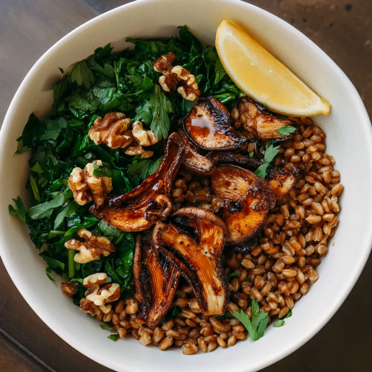 A warm Maple Kissed Warm Grain and Mushroom Bowl with tender farro, sautéed mushrooms, and wilted spinach, garnished with fresh parsley and a lemon wedge.
