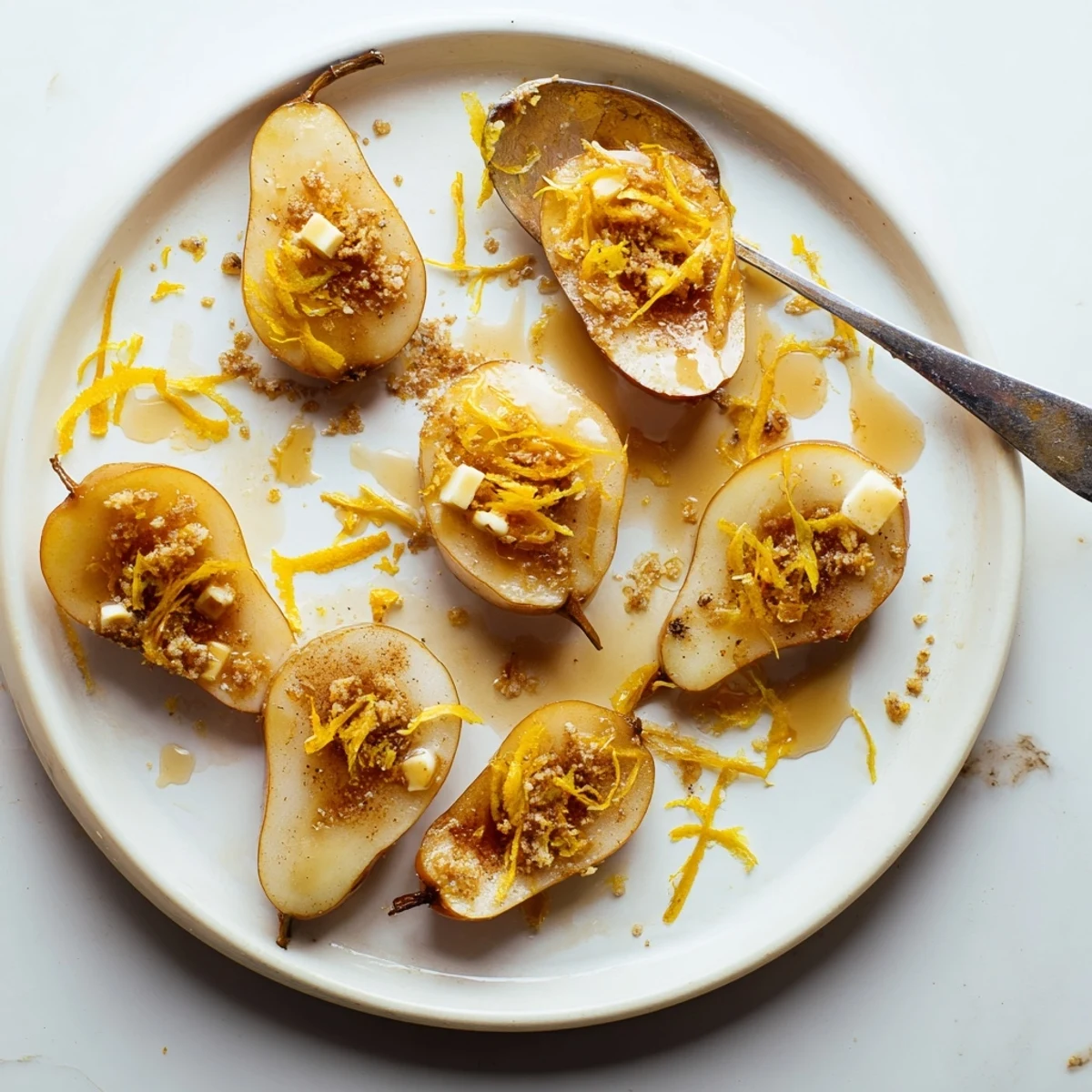 Golden-brown ginger fresh citrus baked pears emerge from the oven, tender and aromatic, drizzled with warm honey and orange juice.  