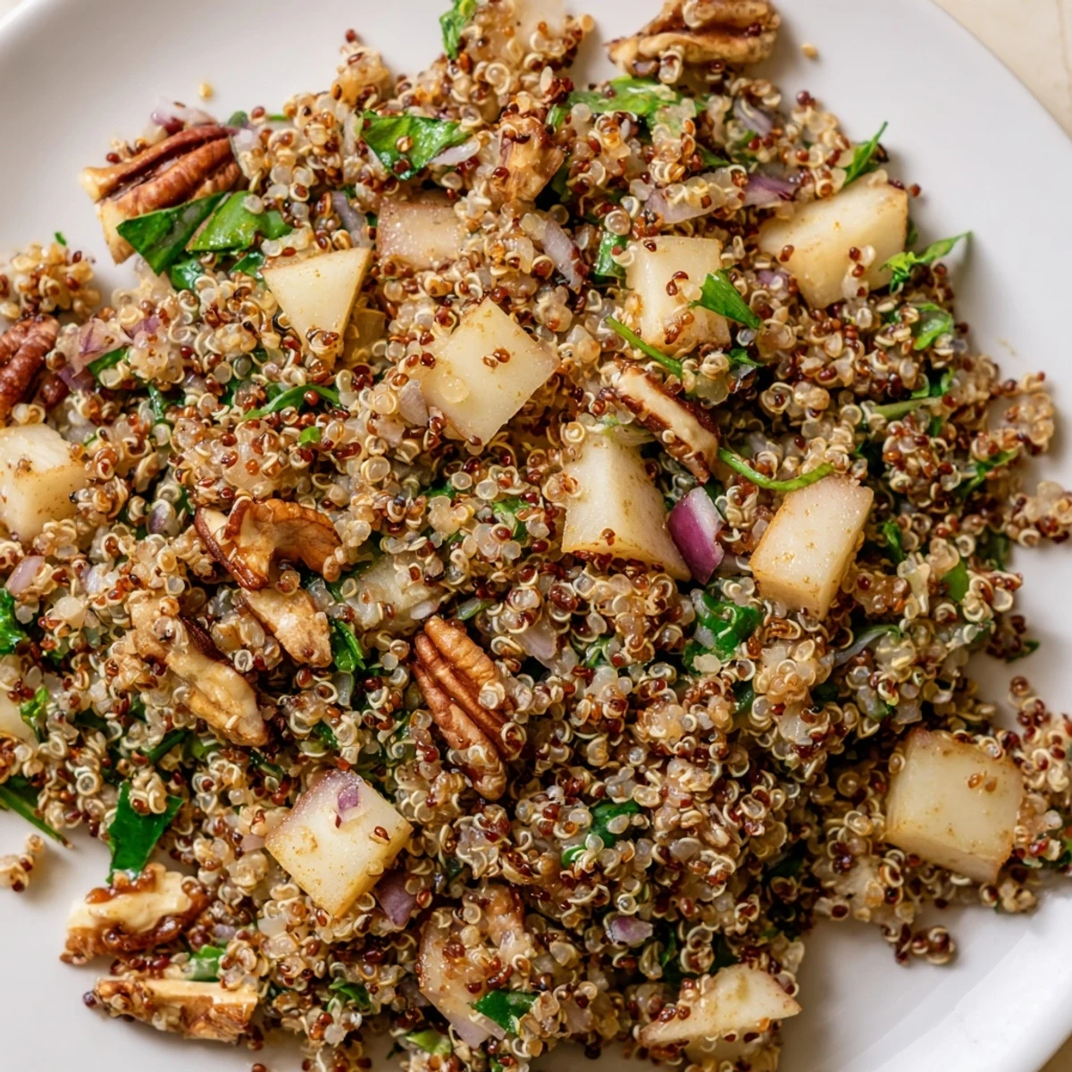 Fork holding a bite of Pear and Spice Toasted Quinoa Salad with diced pears and fresh parsley.  