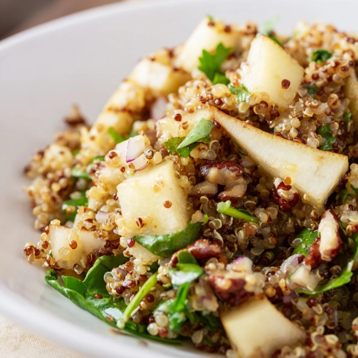 Overhead view of the vegetarian Pear and Spice Toasted Quinoa Salad with a light honey-Dijon dressing.