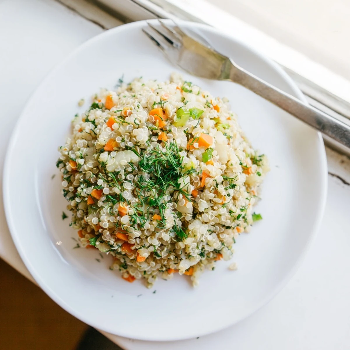 Fork-fluffed quinoa and herb pilaf features fluffy grains tossed with fresh dill, parsley, and mint beside bright lemon.  