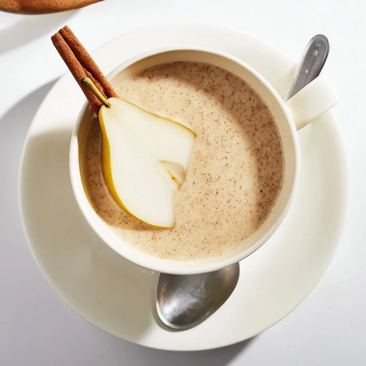 The creamy, golden liquid of a Pear & Ginger Scented Cinnamon Warm Smoothie is poured into a rustic mug.