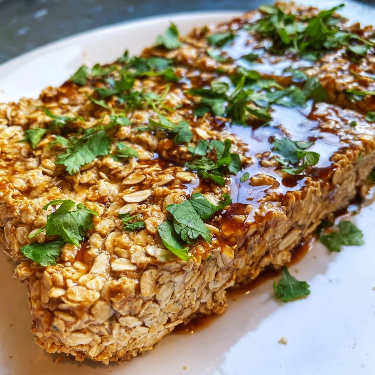 Freshly baked Ginger Lime Tofu Steaks showcase vibrant green herbs and a savory oat crust, perfect for a vegan dinner.