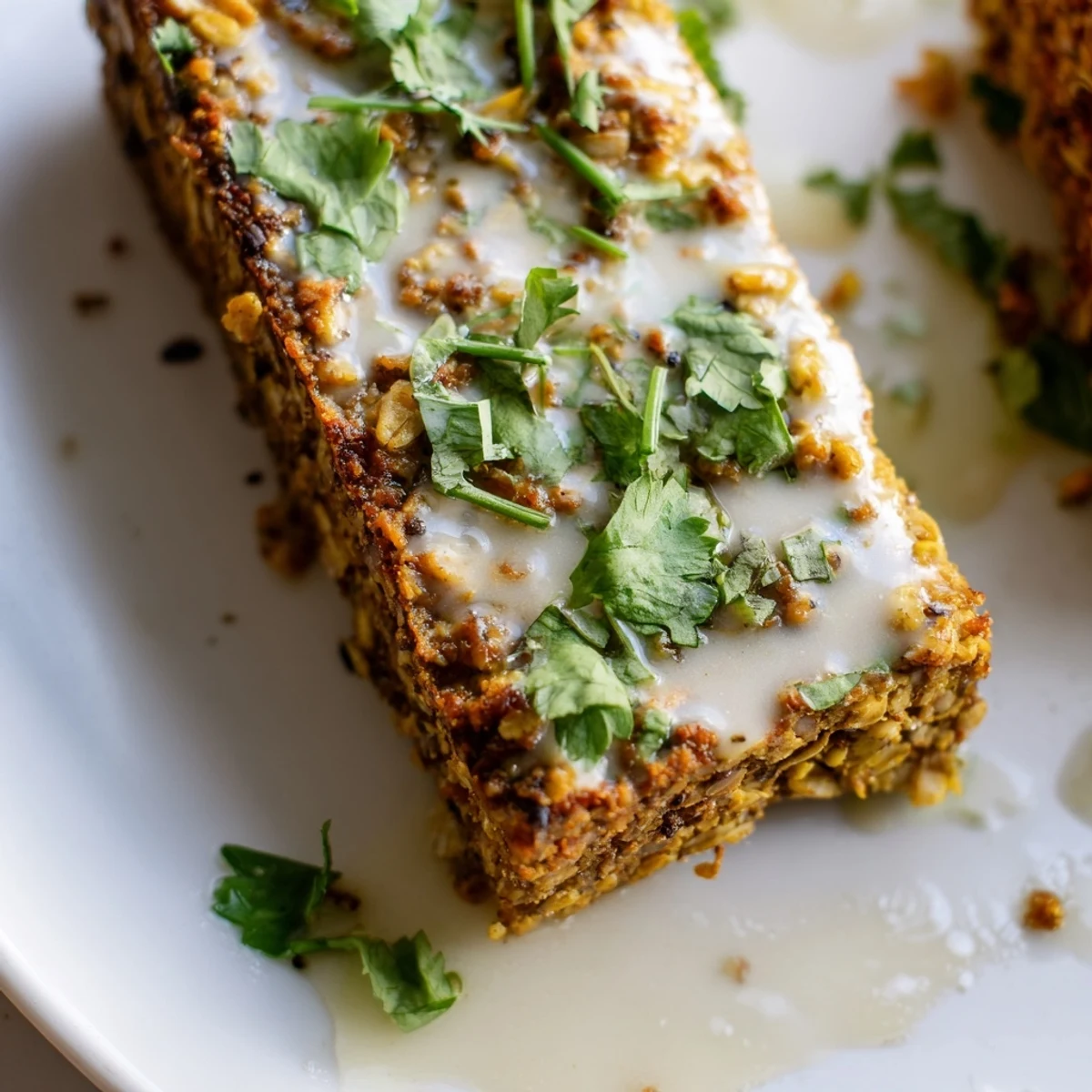A close-up of Ginger Lime Tofu Steaks reveals sticky ginger-lime glaze and a crunchy, toasted oat topping.