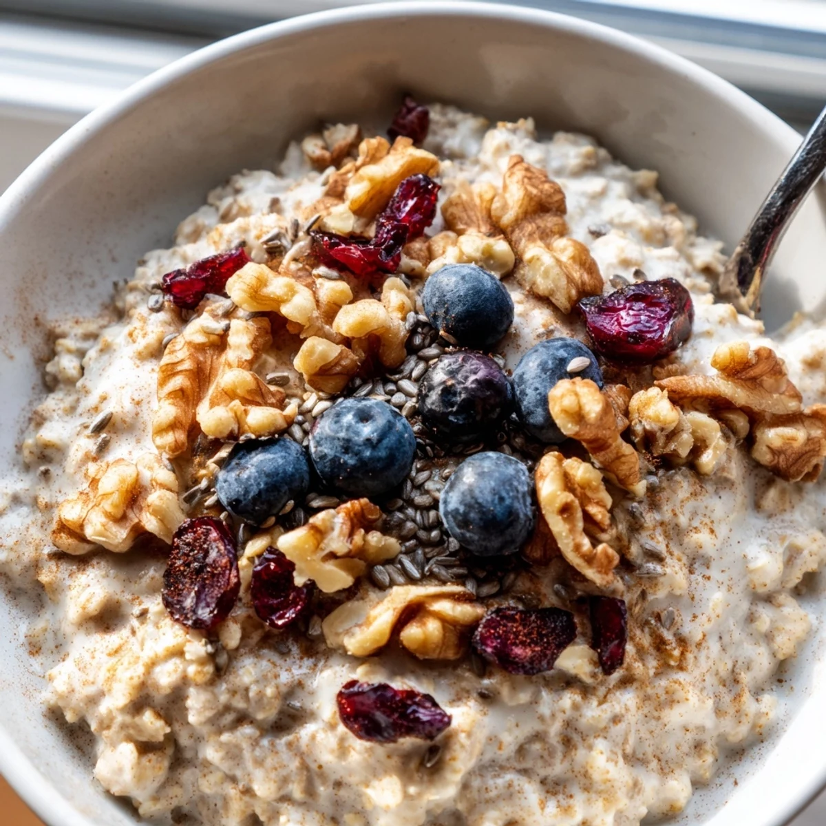 Cozy morning scene of Steel Spiced Cut Oat Porridge with cinnamon, nutmeg, and a splash of maple syrup.  