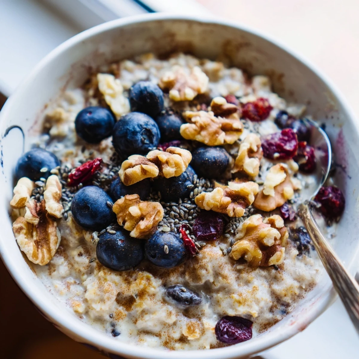 Hearty Steel Spiced Cut Oat Porridge served warm, garnished with fresh berries and a sprinkle of seeds.