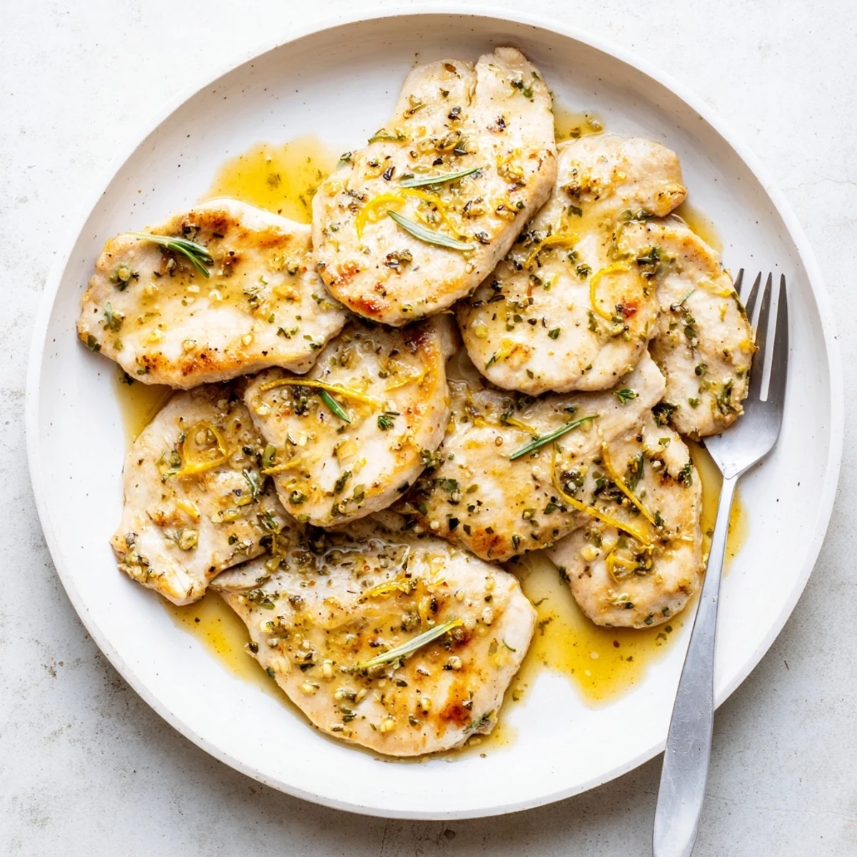 Golden brown turkey breast cutlets simmering in a savory brown butter and garlic herb sauce in a skillet.