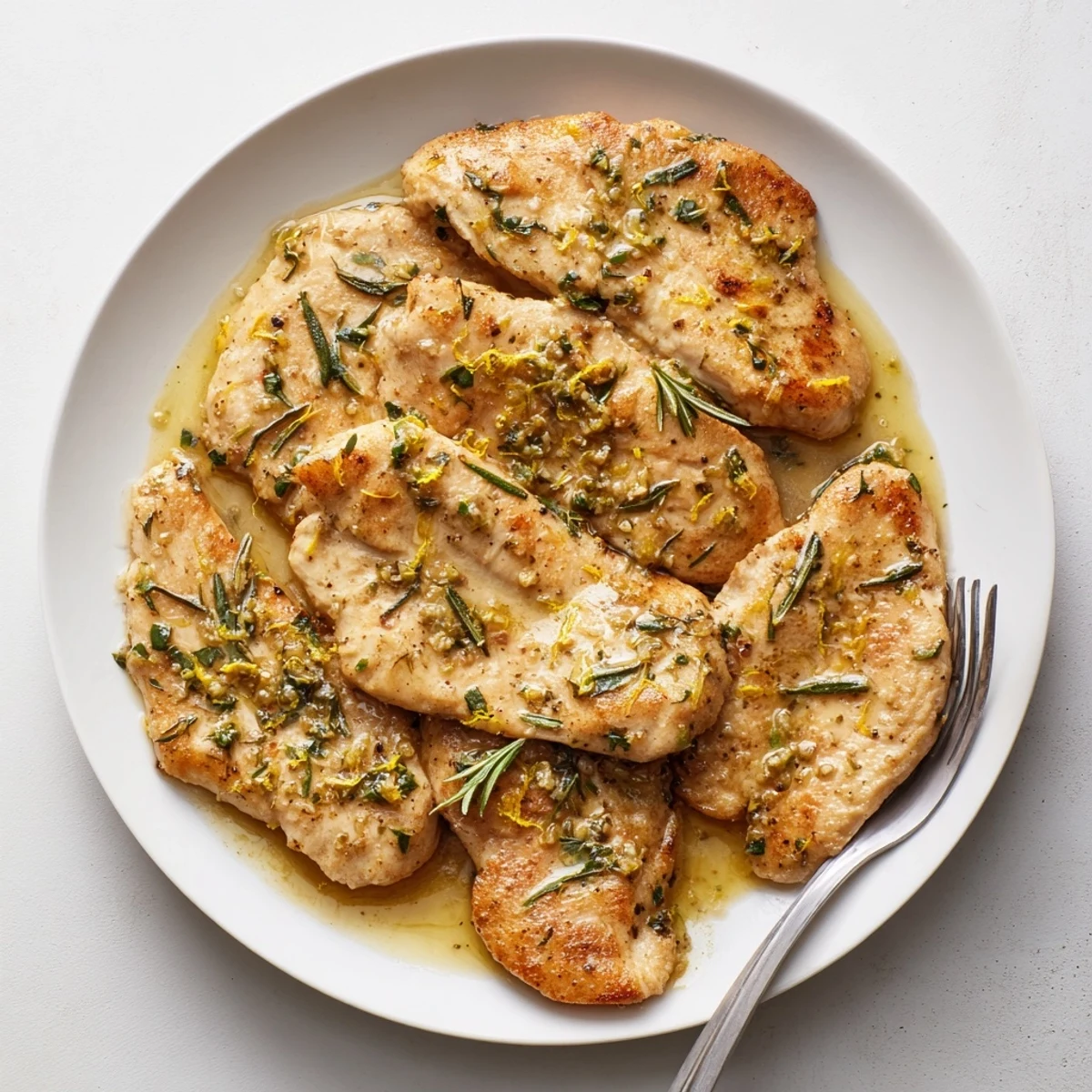 Fresh parsley and rosemary garnish the tender turkey, served with a lemony pan sauce for a quick dinner.
