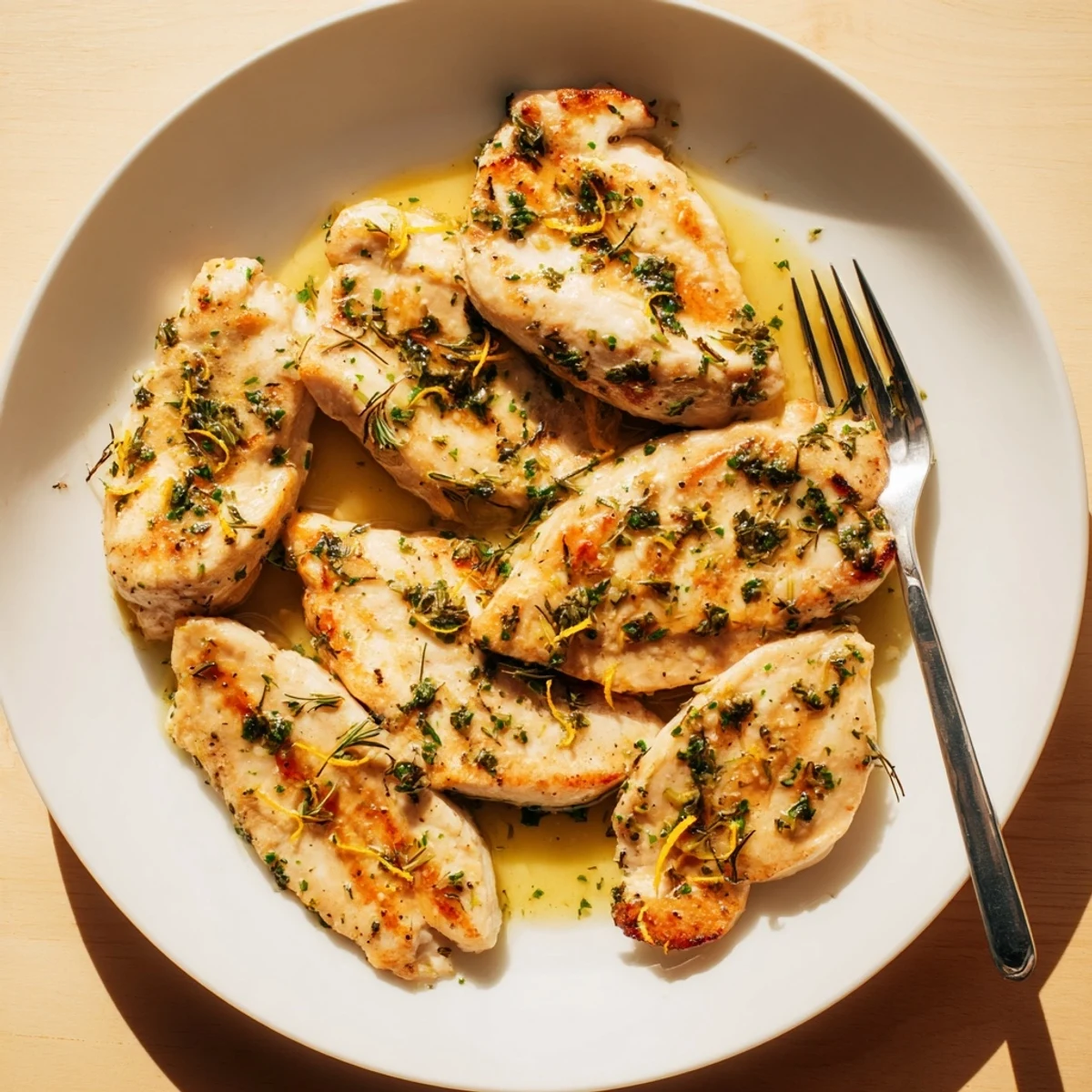 Close-up of a garlic herb turkey skillet with aromatic herbs and nutty brown butter sauce for a weeknight meal.
