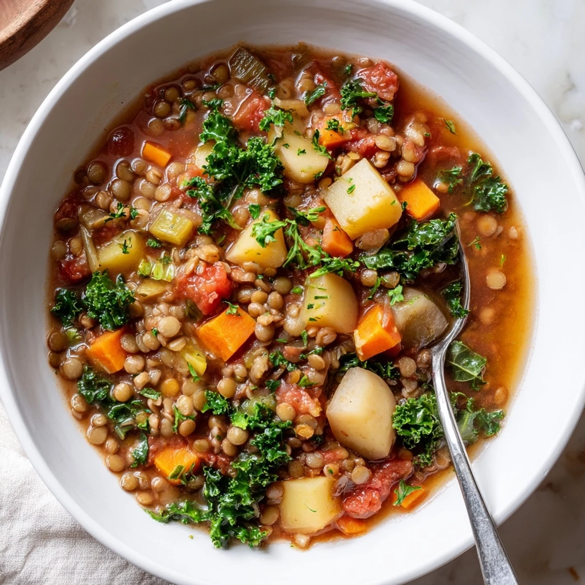 A steaming bowl of Hearty Barley and Lentil Stew, with tender vegetables and fresh parsley garnish, ready to serve.