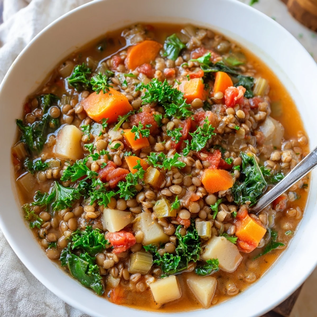 Close-up of Hearty Barley and Lentil Stew simmering in a pot, featuring carrots, kale, and rich tomato broth.