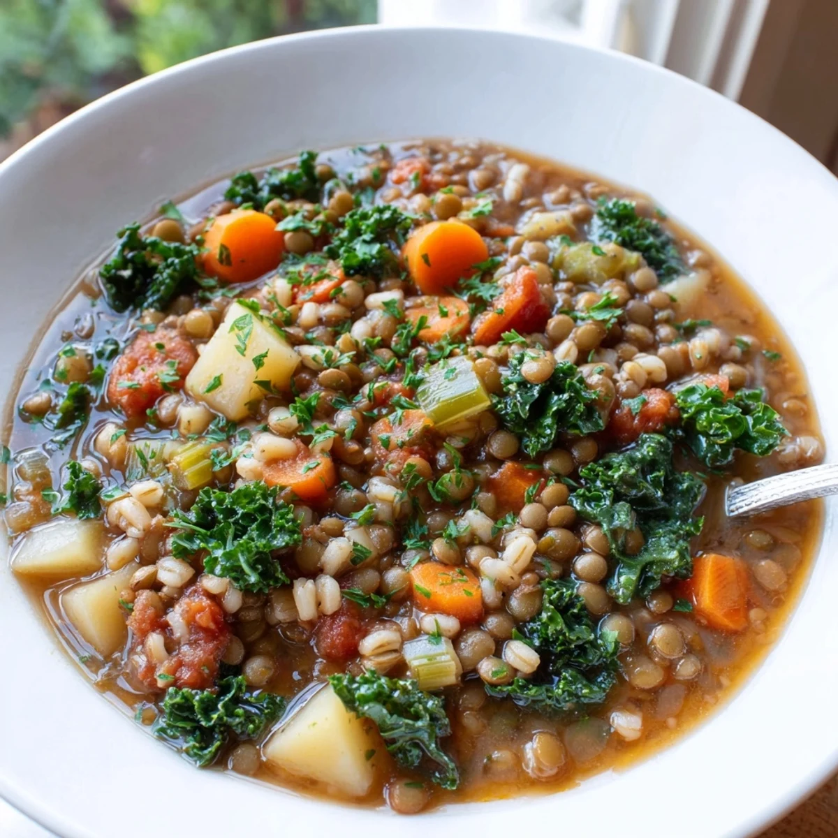 Hearty Barley and Lentil Stew served in a rustic bowl, garnished with lemon wedges and paired with crusty bread.