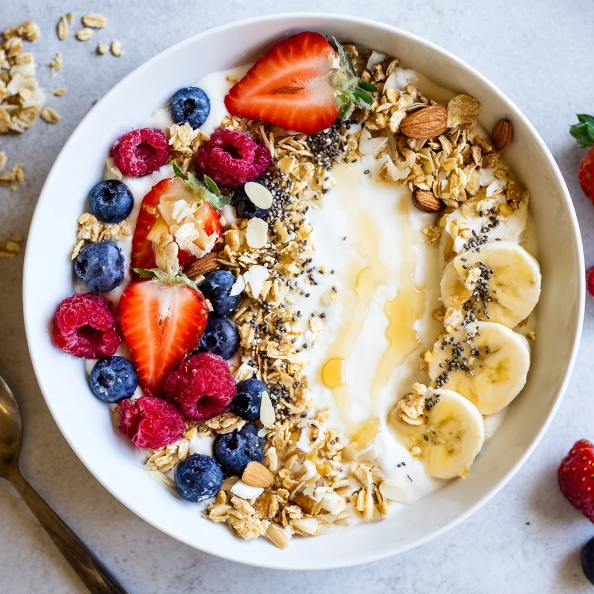 A vibrant close-up of a Yogurt and Granola Bowl with Oat Topping, featuring creamy yogurt swirled with fresh berries and sliced banana.  