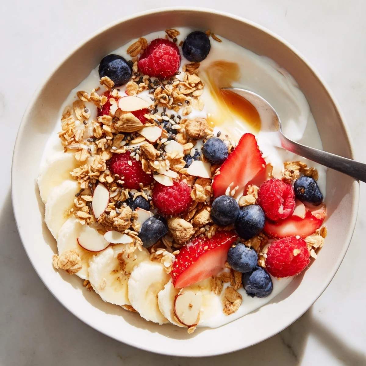 An inviting overhead shot of a Yogurt and Granola Bowl with Oat Topping, topped with honey drizzle and a sprinkle of chia seeds.