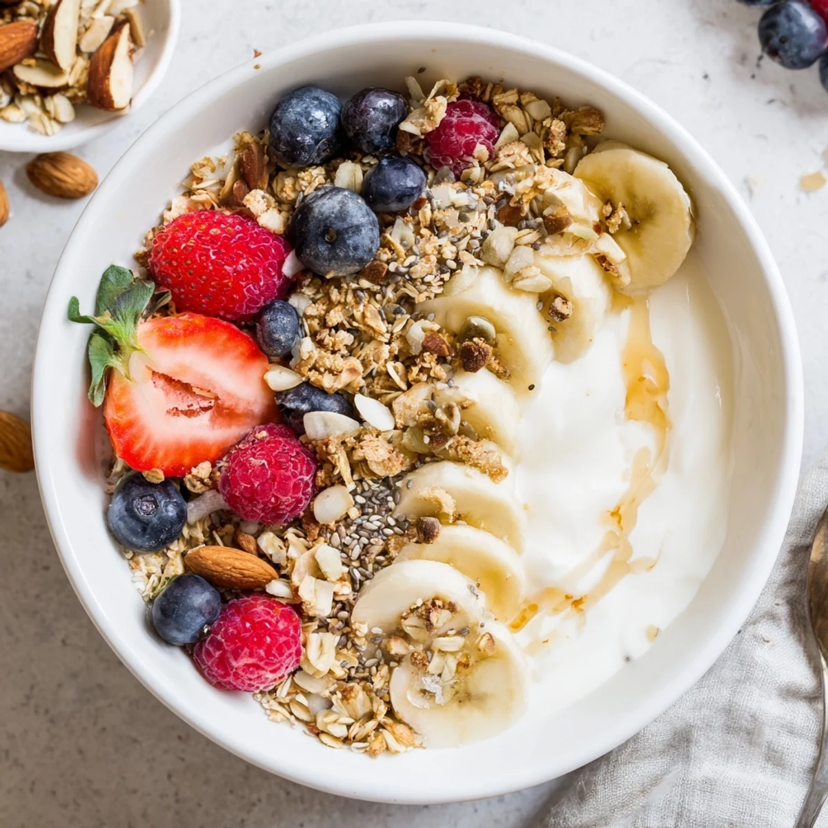 This nutritious breakfast bowl showcases a spoonful of layered yogurt, crunchy granola, and wholesome rolled oats ready to be enjoyed.  