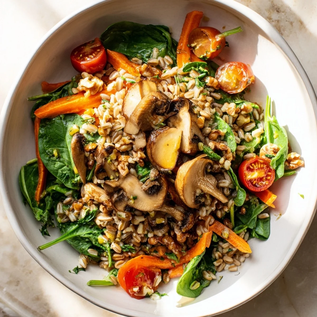 Golden-brown sautéed mushrooms and wilted spinach top fluffy farro grains in a ceramic bowl, drizzled with a zesty lemon dressing.