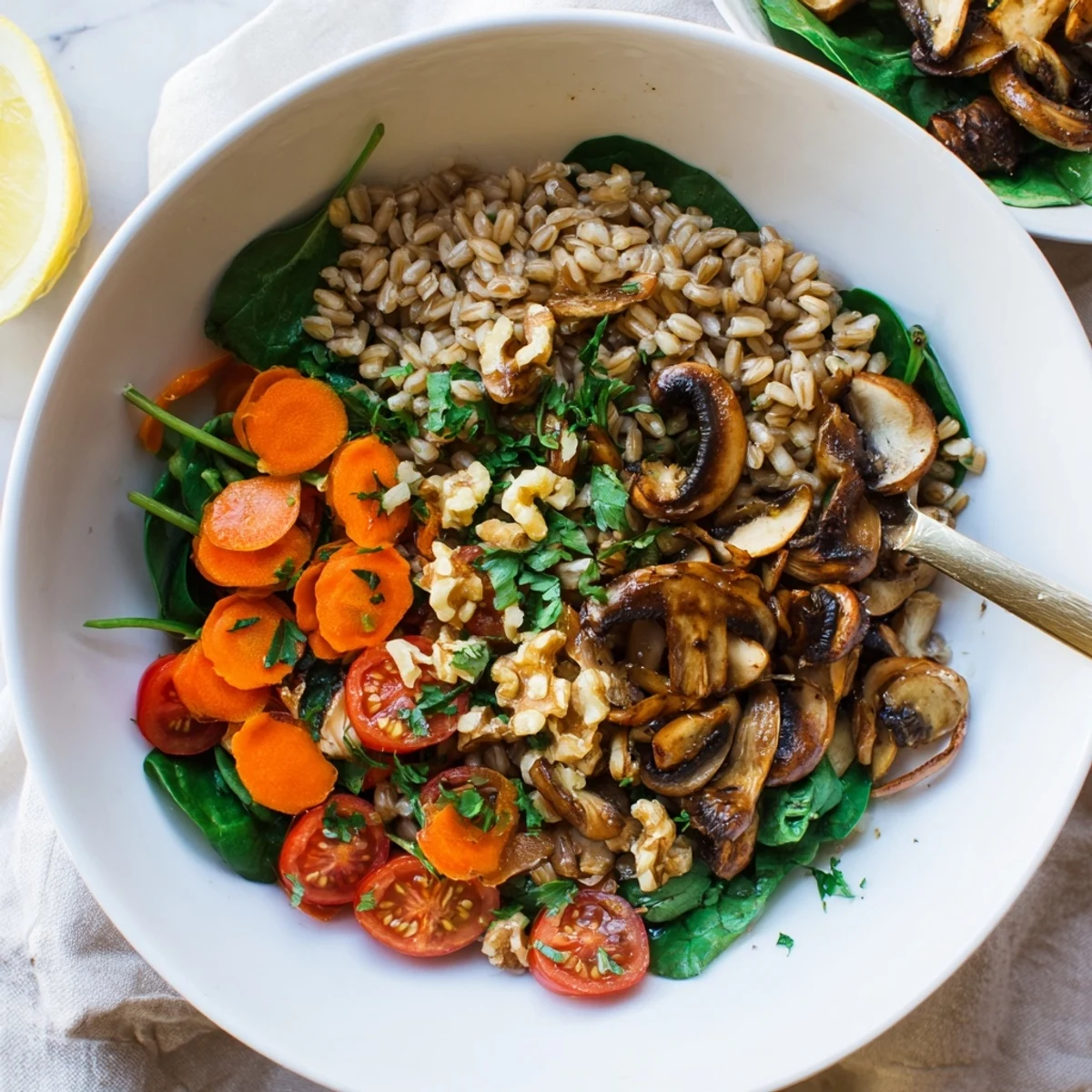 A close-up of the Warm Grain and Mushroom Bowl with colorful carrots, cherry tomatoes, and toasted walnuts adding crunch.