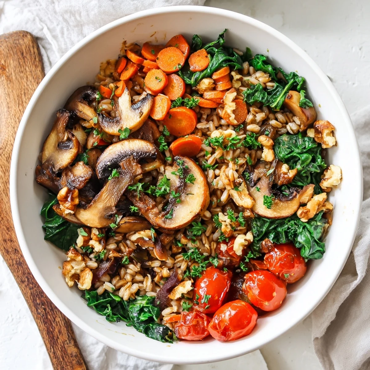A wholesome vegetarian dinner of the Warm Grain and Mushroom Bowl, garnished with fresh parsley and ready to serve.