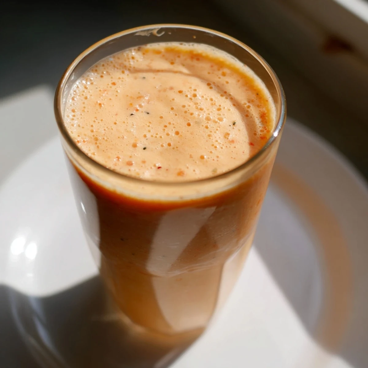 A close-up of a vibrant Pear Ginger Smoothie with Thyme-Roasted Golden Beets, topped with a fresh thyme sprig and a slice of pear.