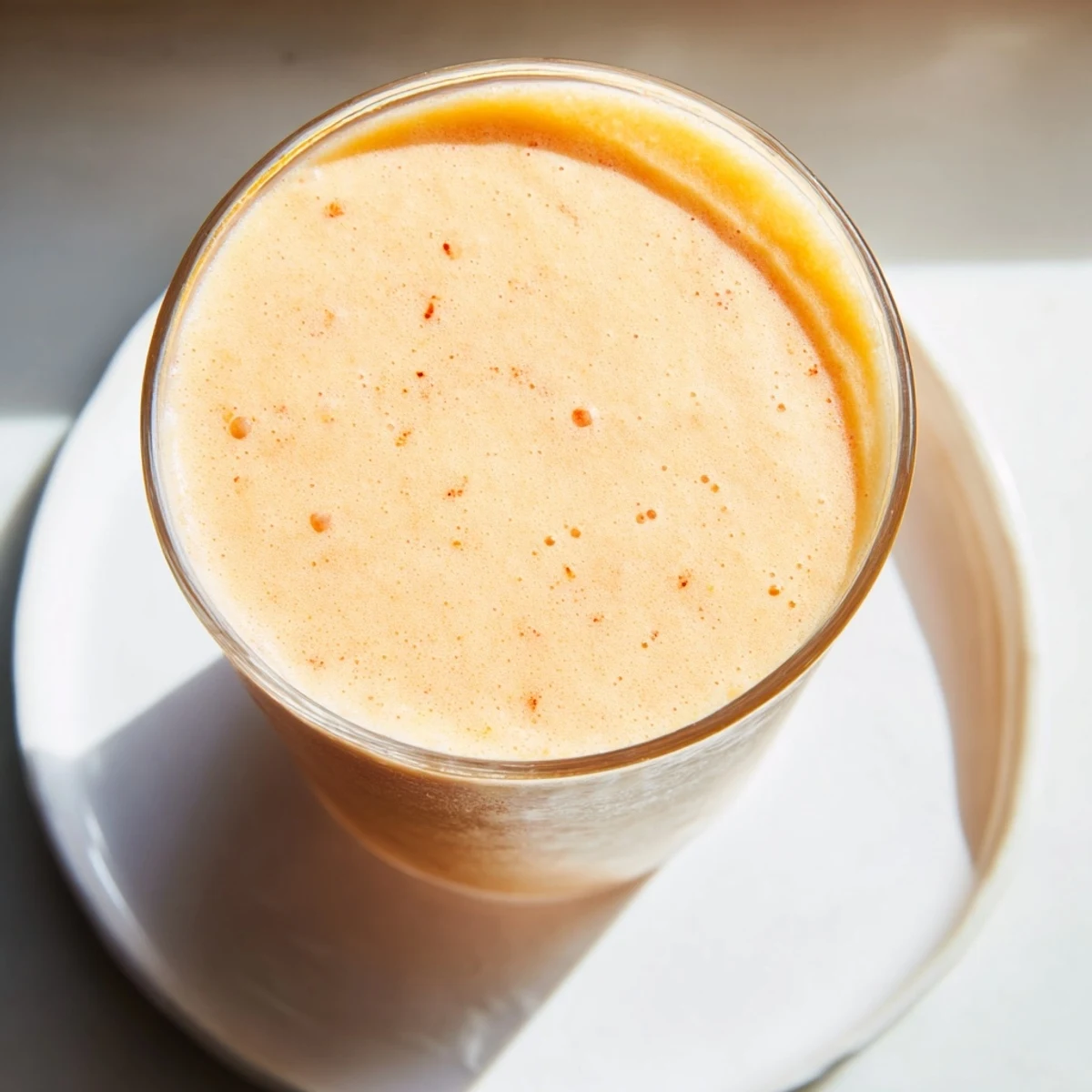 Two glasses of the colorful Pear Ginger Smoothie with Thyme-Roasted Golden Beets, resting on a rustic wooden table near roasted beet cubes.