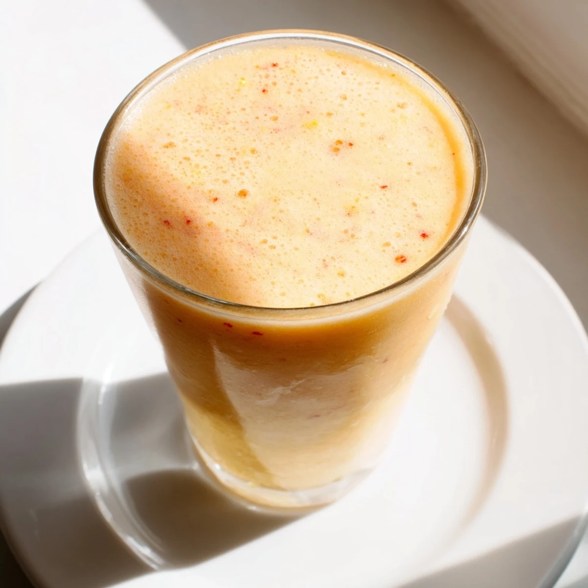 A chilled glass of Pear Ginger Smoothie with Thyme-Roasted Golden Beets, showing its creamy texture and bright orange-pink hue against a soft background.