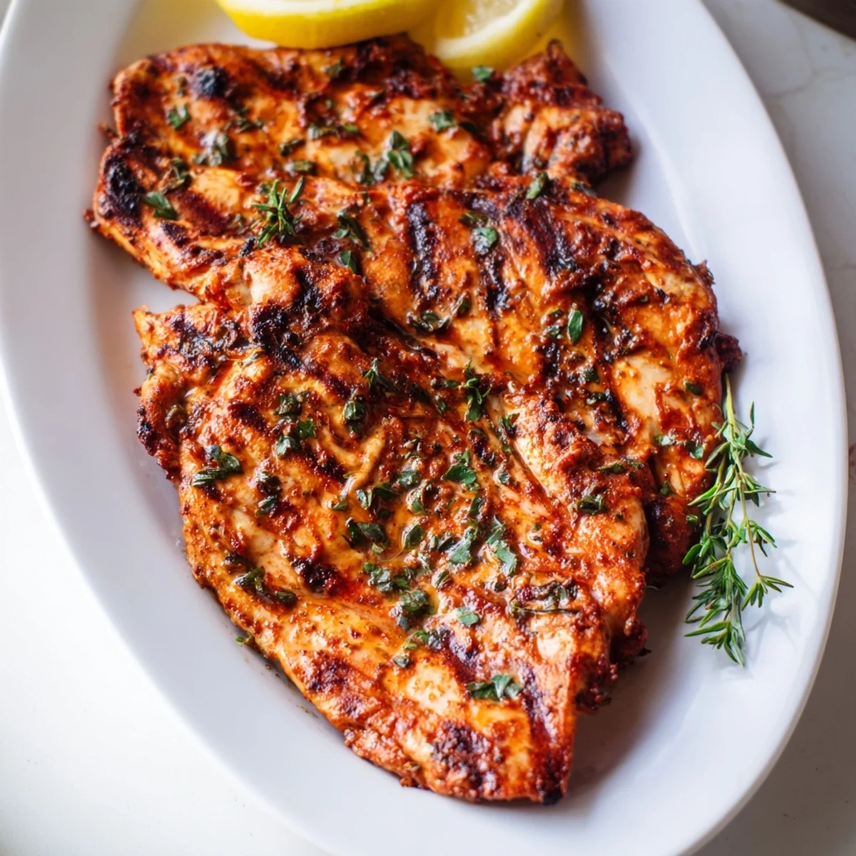 Golden-brown Smoky Herbed Chicken Breast slices fanned out on a white platter, garnished with fresh thyme sprigs and bright lemon wedges.  