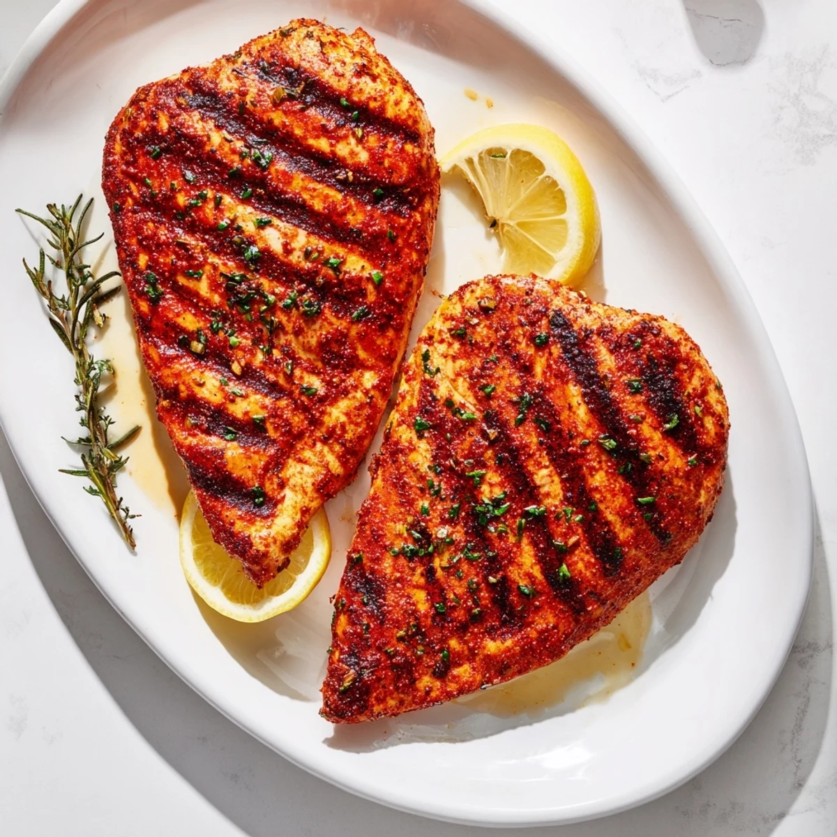 Platter of juicy Smoky Herbed Chicken Breast with visible char marks, paired with a side of roasted asparagus and cherry tomatoes.  