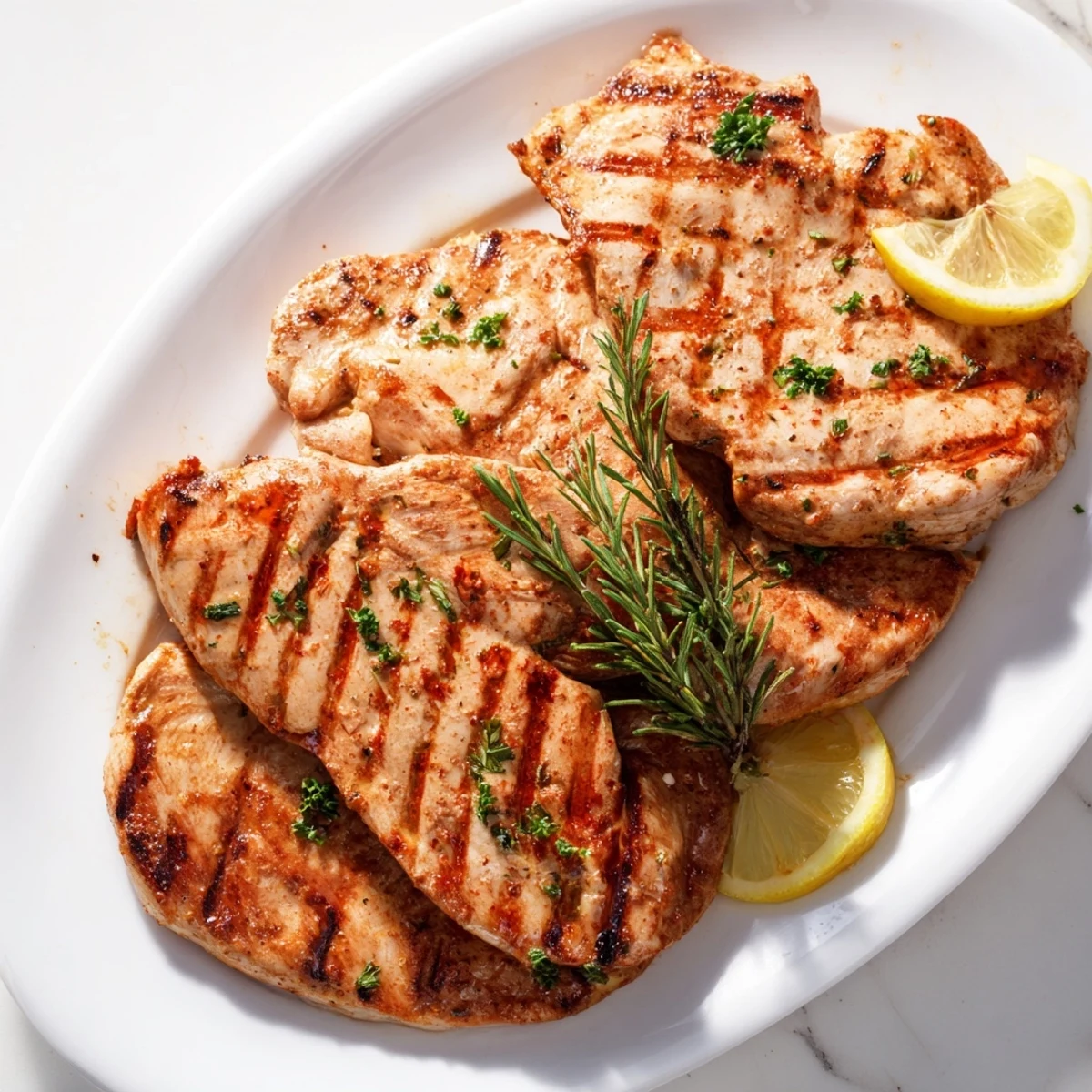 Savory Smoky Herbed Chicken Breast resting on a cutting board, surrounded by fresh rosemary, garlic cloves, and a bowl of marinade.
