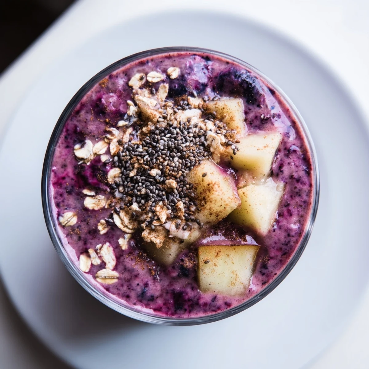 Creamy pear and spice blueberry oat smoothie served in a glass with a sprinkle of cinnamon.