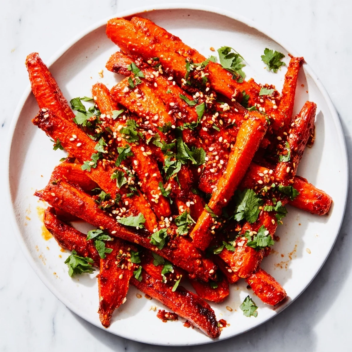 Glistening roasted carrots glistening with vibrant red harissa paste, honey, and spices on a white ceramic platter.  