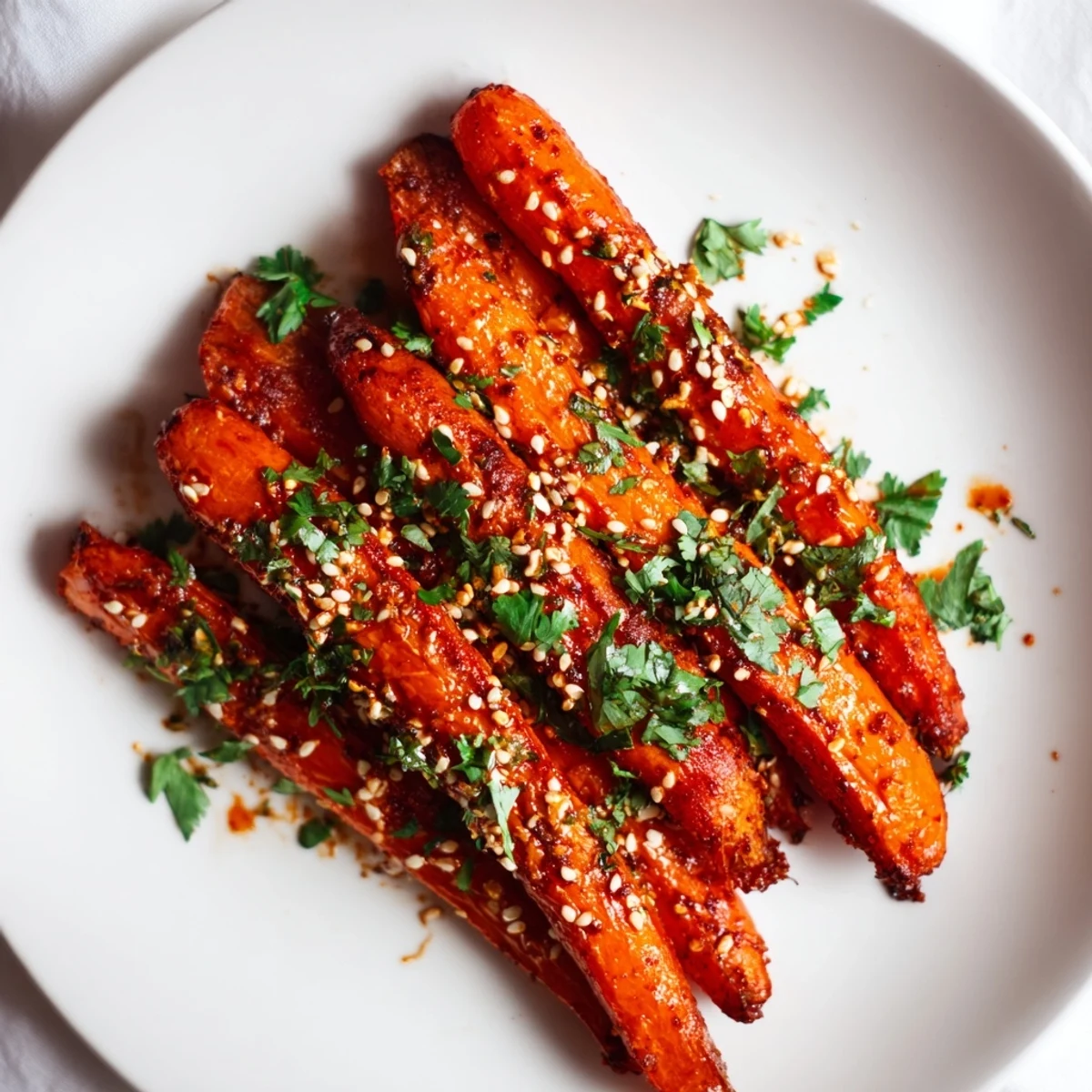 Spicy, sweet roasted harissa carrots arranged on a rustic wooden board, ready to be served as a vegetarian side dish.