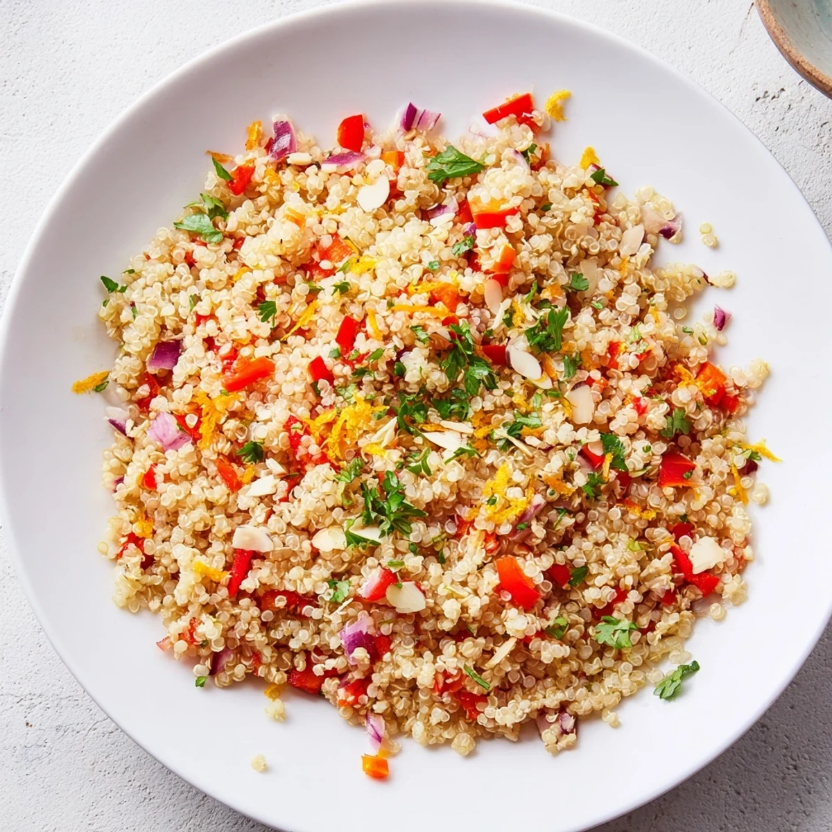 A close-up of vibrant Orange Kissed Quinoa Rustico Pilaf in a rustic white bowl