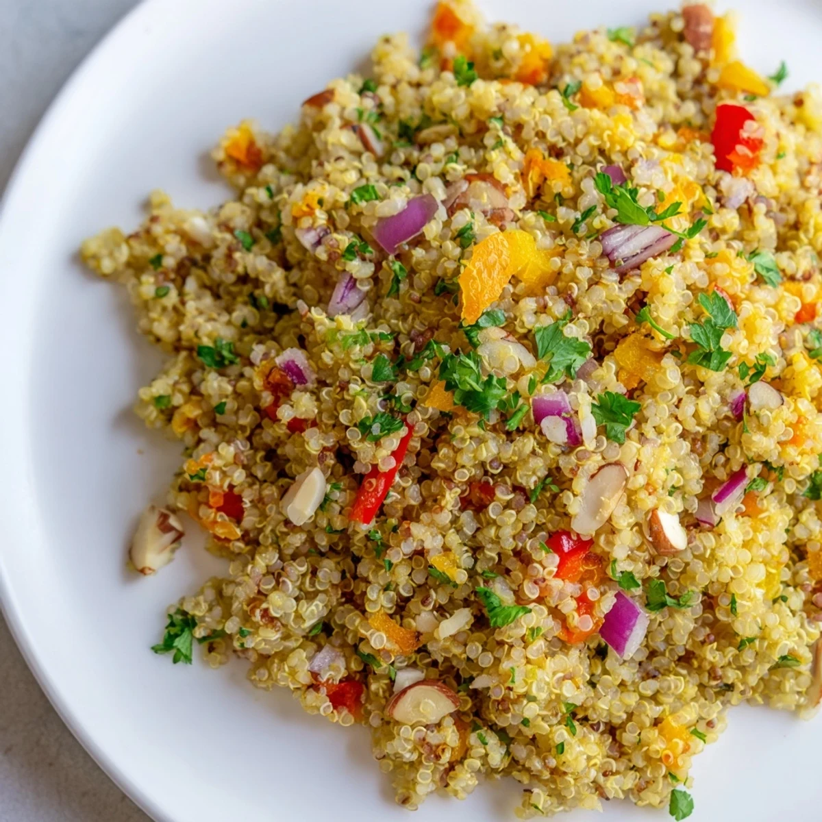 Fluffy Orange Kissed Quinoa Rustico Pilaf topped with toasted almonds and fresh parsley
