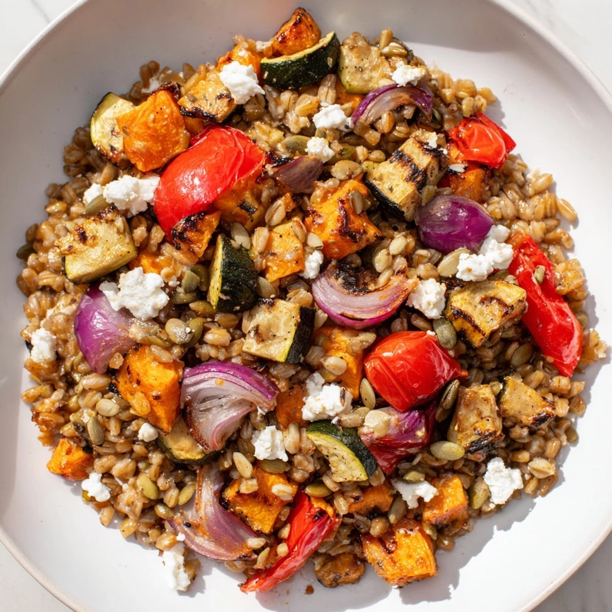 Roasted red bell peppers and sweet potatoes mix with chewy farro in this hearty Farro Seasonal and Roasted Vegetable Salad.
