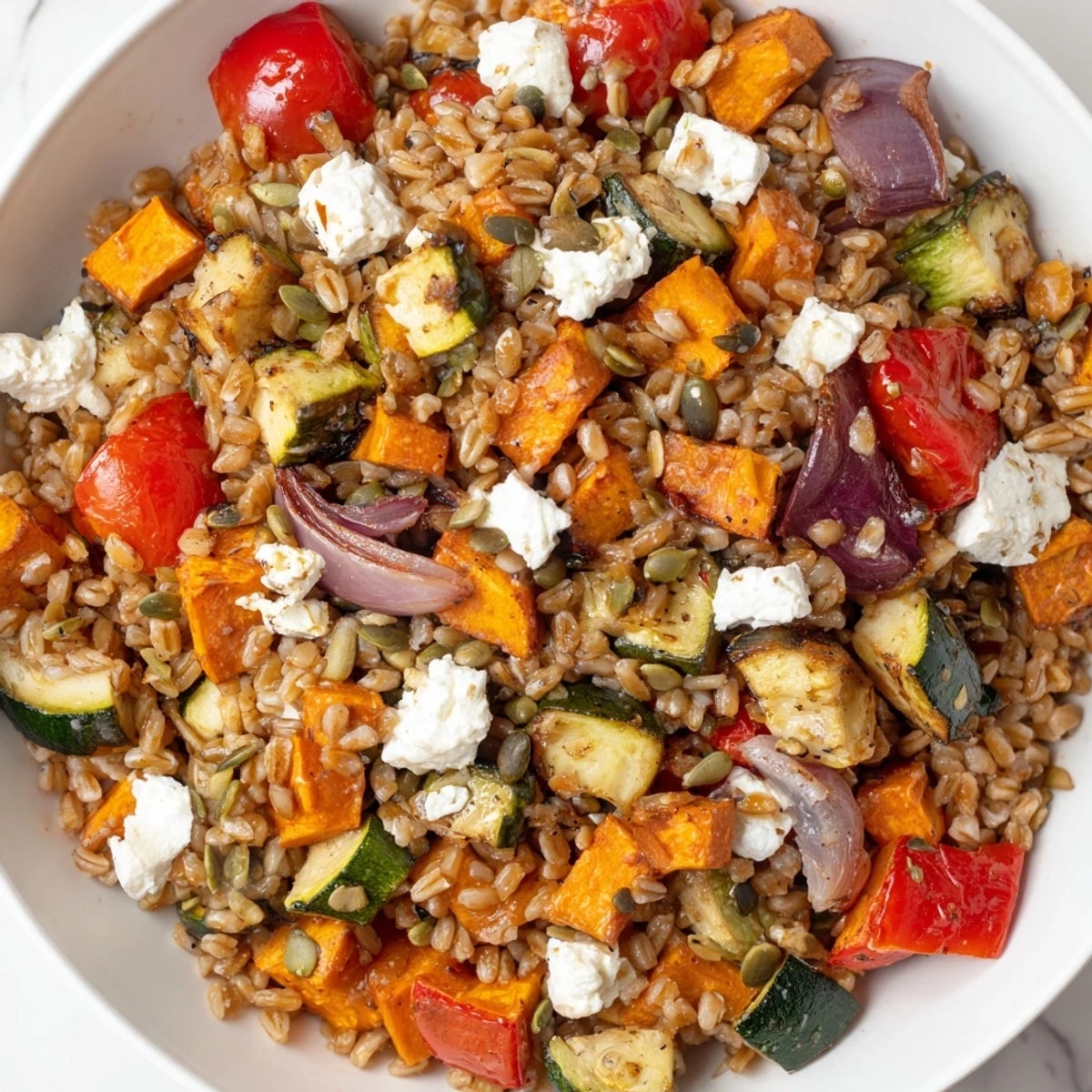 Feta cheese crumbles and toasted pumpkin seeds top the vibrant Farro Seasonal and Roasted Vegetable Salad on a rustic table.